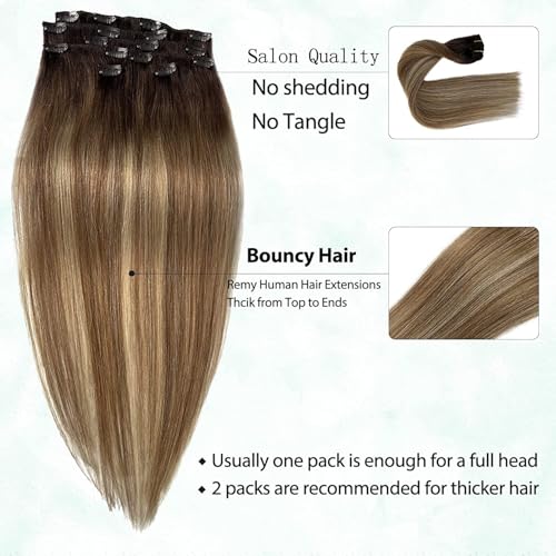 Image of Hair Extensions Clip in Real Human Hair Clip ins Hair Extension Light Brown to Medium Blonde Balayage Remy Human Hair for Women 20 Inch 7Pcs 70g