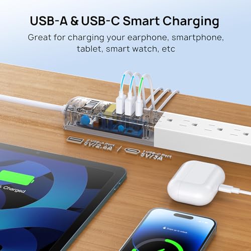 TROND Surge Protector Power Bar with 2 USB C, 6ft Flat Plug Extension Cord Indoor, 5 Outlet Extenders, 1440J Desktop Expander, Wall Mount, Dorm Room Home Travel Essentials Office S image 6