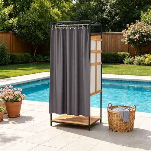 Outdoor Shower Enclosure Metal Frame Wood Panels for Pool Wash Station