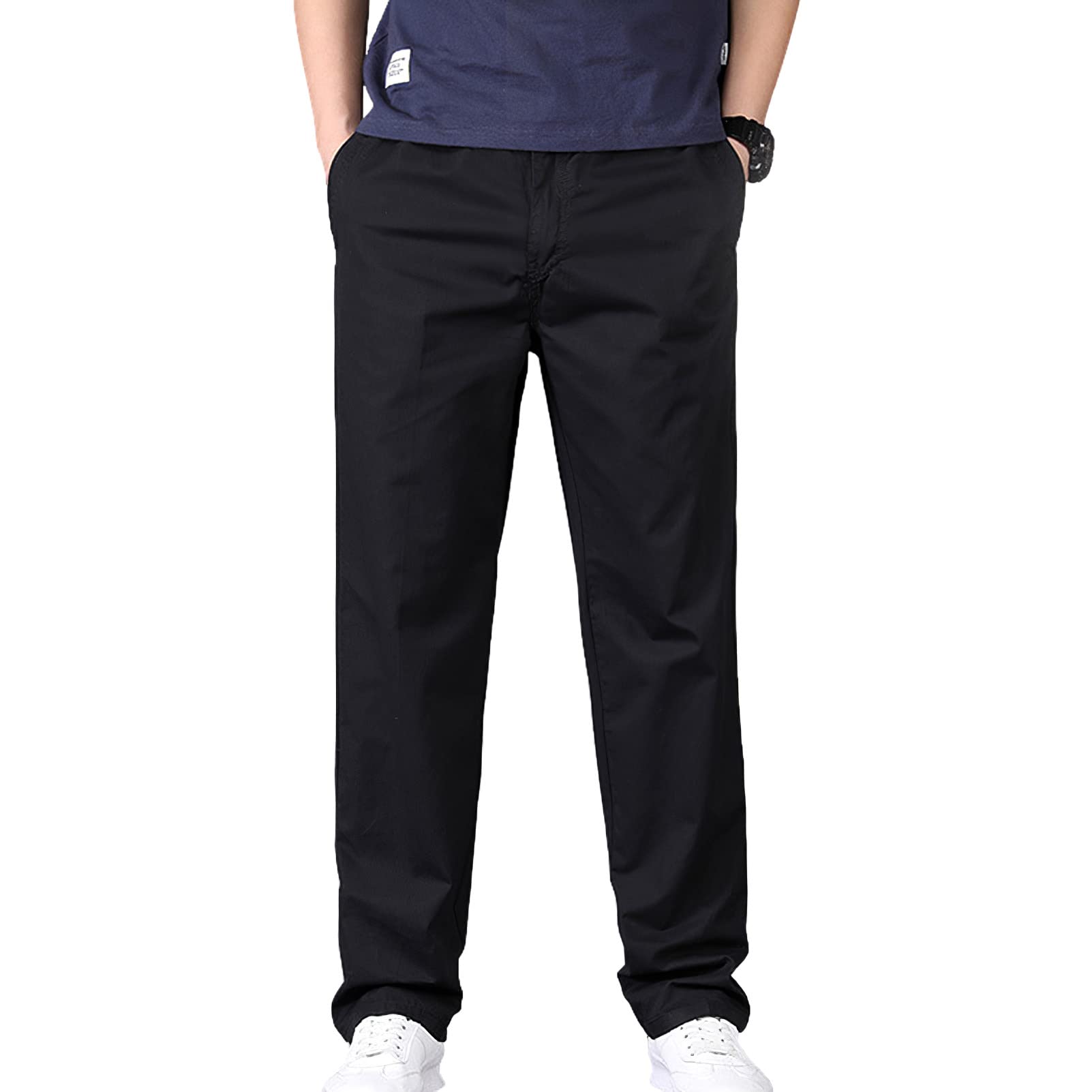 Hombre Cintura Elástica Pantalones Chinos Casual de Pata Ancha Pantalones de Trabajo de Algodón con 4 Bolsillos