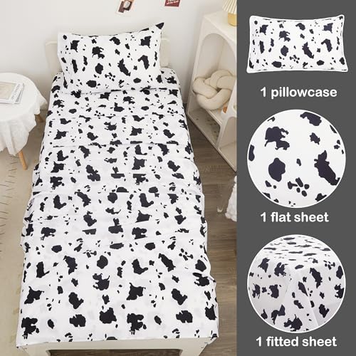 Image of Viviland 3 Pieces Boys Girls Black White Twin Sheet Set - Soft Microfiber Fitted Flat Sheets & Pillowcase - Cute Farm Animal Cow Printed Bedding Sets - for Kids & Toddlers