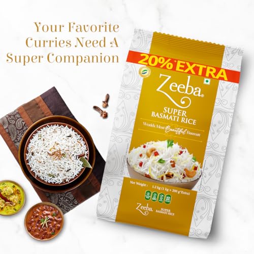 Image of Zeeba Super Basmati Rice 1.2 Kg, Fluffy & Naturally Aromatic, Gluten Free Fine Grains (Cooked length upto 23mm*)