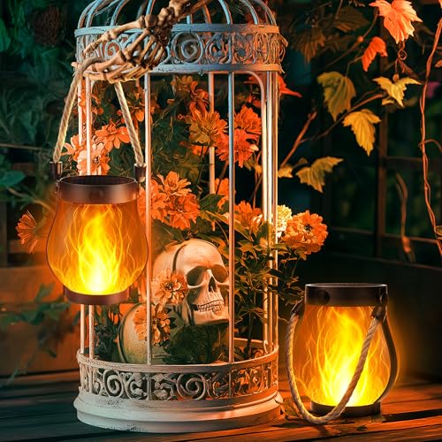 Jyoiat Halloween Solar Flame Lantern Hanging Outdoor Waterproof Purple - 2 Pack Flame Lanterns with Dual Charging Modes of Solar & USB for Garden or Yard Halloween Decorations (Warm White - 2 Pack)