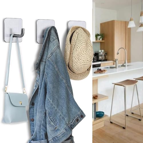 Image of Self Adhesive Hooks, 6 PCS Heavy Duty Stainless Steel Waterproof Towel Hooks Stick on Hooks Wall Hangers Sticky Hooks for Hanging Bathroom Kitchen Home