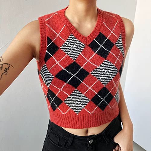 Image of Women's Sweater Vest,Y2K Sleeveless Pattern Preppy Style Knitted Crop Tank Top for Girl