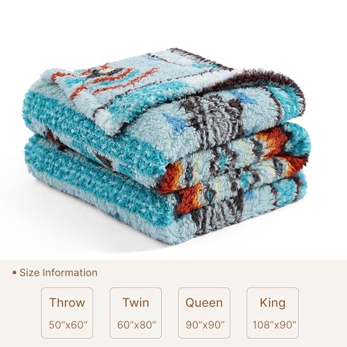 CASAAGUSTO Boho Sherpa Blanket,Teal Aztec Twin Blanket, Ultra Soft, Warm, Cozy, Plush, Thick Fleece Western Blanket for Couch, Bed, Sofa (Aqua 60 * 80 Inch)