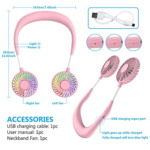 Hand Free Mini USB Personal Fan - Rechargeable Portable Headphone Design Wearable Neckband Fan,3 Level Air Flow,7 LED Lights,360 Degree Free Rotation Perfect for Sports, Office and Outdoor (Pink)