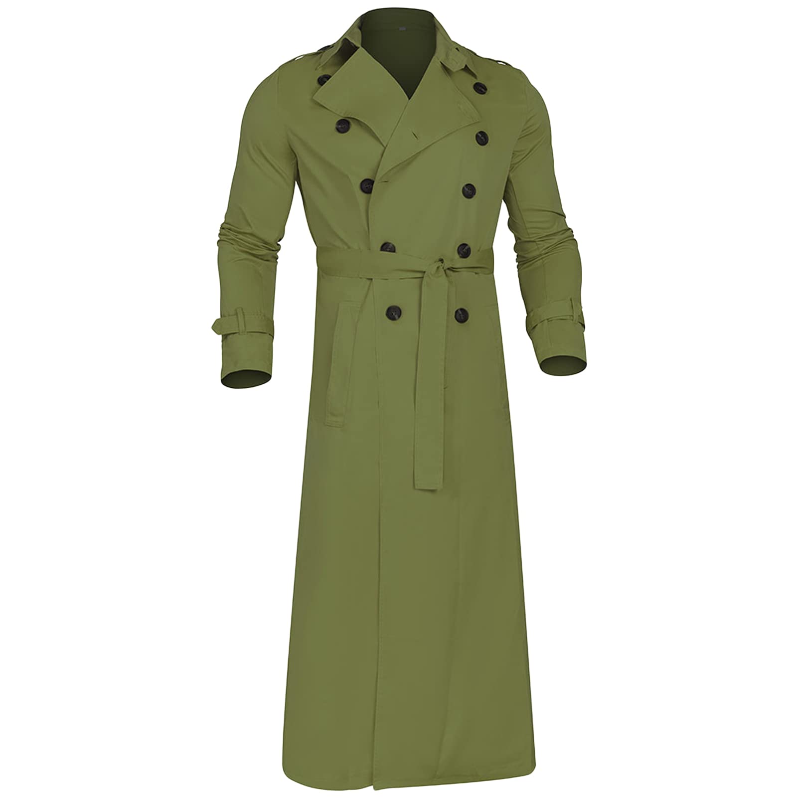 Maiyifu-GJ Mens Lapel Double Breasted Trench Coat Stylish Slim Fit Long Belted Windbreaker Casual Windproof Peacoat Overcoat (Green,X-Large)