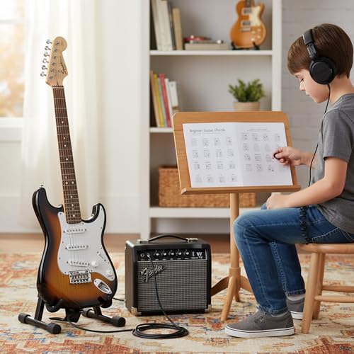 Image of Fender Squier 3 /4 Size Kids Mini Strat Electric Guitar Learn-to-Play Bundle with Tuner, Strap, Picks, Fender Play Online Lessons, and Austin Bazaar Instructional DVD - Brown Sunburst