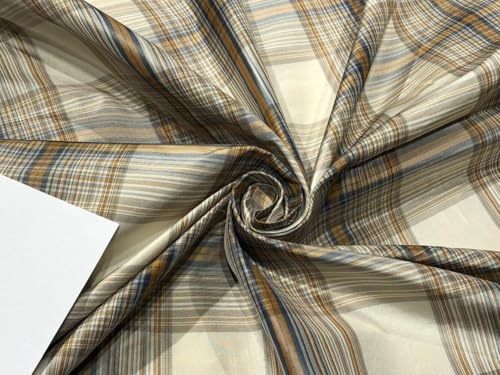 Soie pure Dupioni 137cm tissu de luxe à carreaux ivoire et gris pour création haute couture