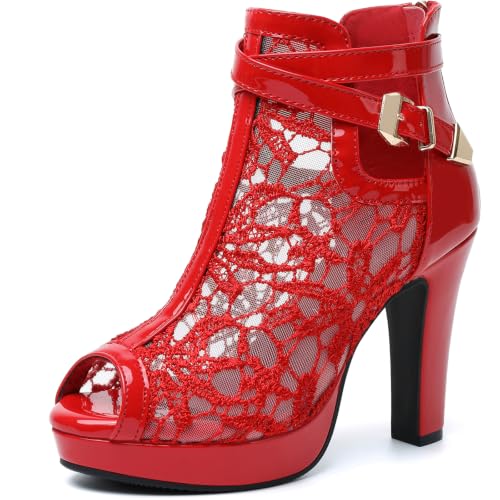 Image of Susanny High Heel Boots for Women,Womens Platform Boot Heels Sexy Round Toe Lace UP High Heels Mid Calf Boots