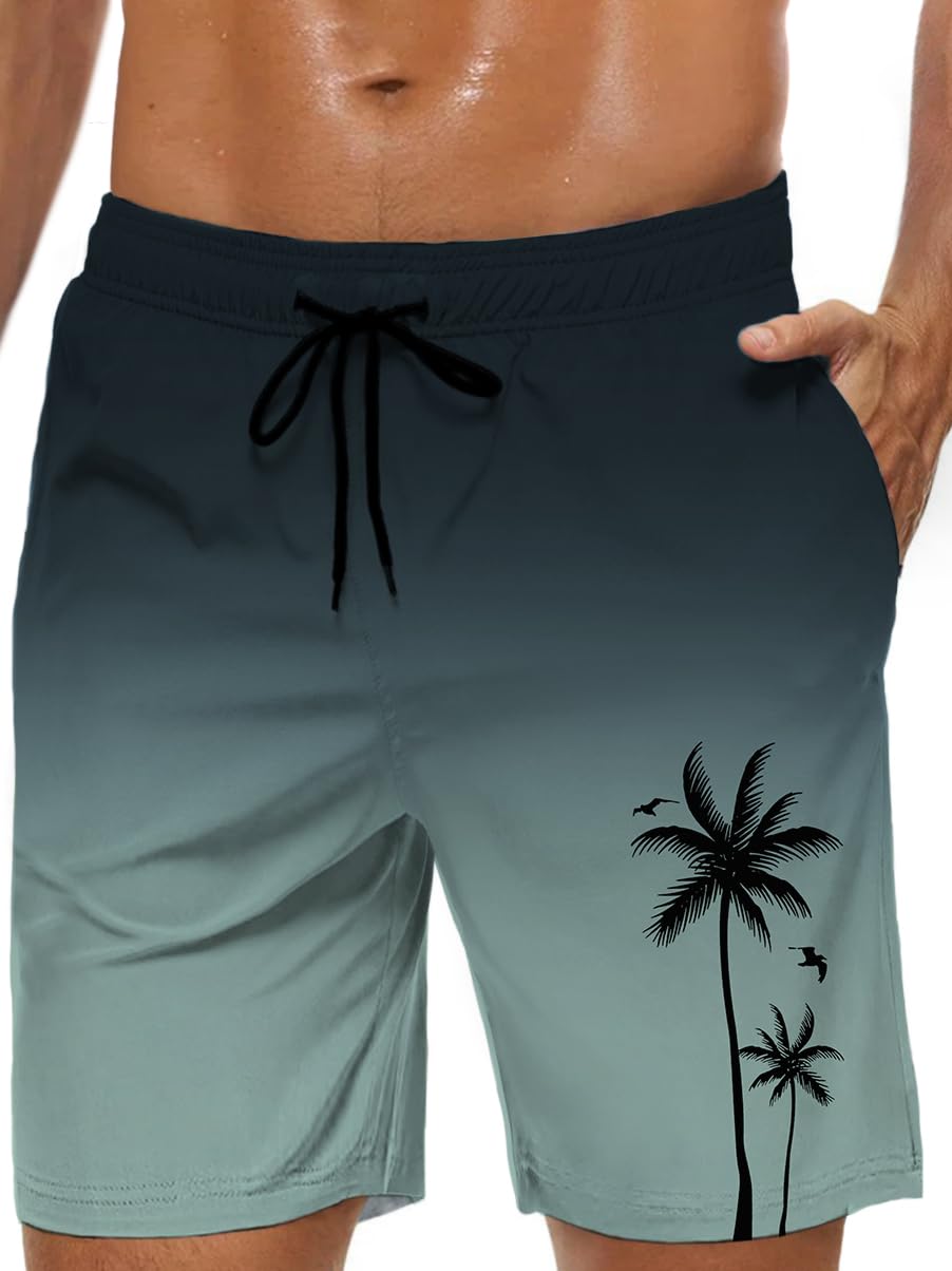 Lzzidou Men's Swim Trunks 9 Inch Inseam Bathing Suit Hawaiian Swimsuits Swimming Costume Mesh Lining Beach Shorts with Pockets, Color Ramp-Green, 3XL