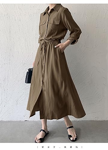 Image of Women Roll-Up Long Sleeve Button Down Shirt Midi Dress
