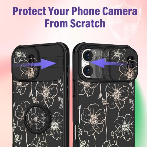 Image of Funermei for iPhone 16 Case - Women Girls Cute Phone Cover Girly Pretty Aesthetic Black Floral Flower Unique Design with Camera Cover Funda for Apple for iPhone 16