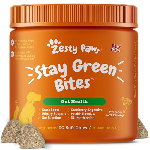 Zesty Paws Stay Green Bites for Dogs - Grass Burn Soft Chews for Lawn Spots Caused by Dog Urine - with Cranberry for Urinary Tract & Bladder - Beef - 90 Count