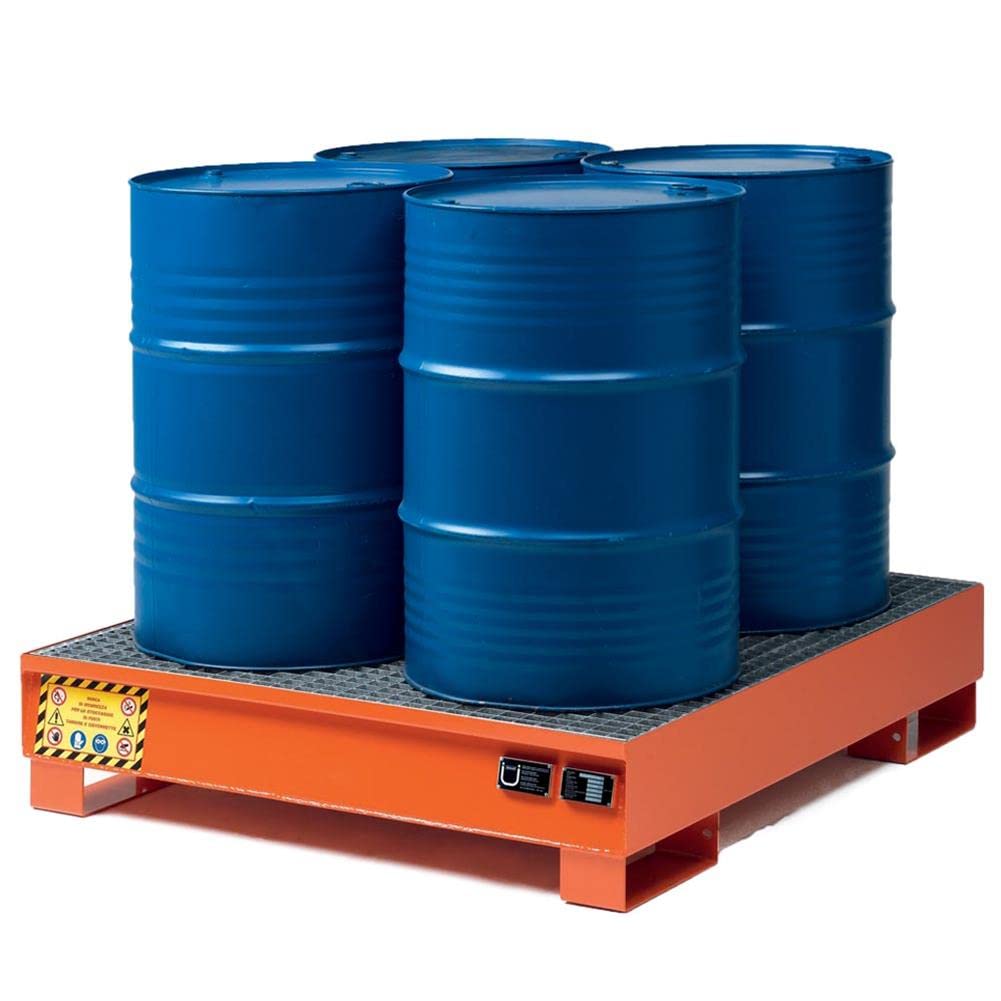 Vasca di contenimento liquidi in acciaio, per 4 fusti, Mis. 1340 L x 1250 P x 300 H mm, arancio RAL 2004