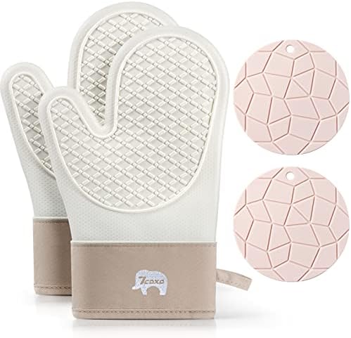 Oven Mitts, Heat Resistant Silicone Oven Mitt with Soft Cotton Lining 2 Pack Oven Mitts and Pot Holders Sets Perfect for BBQ, Baking and Cooking