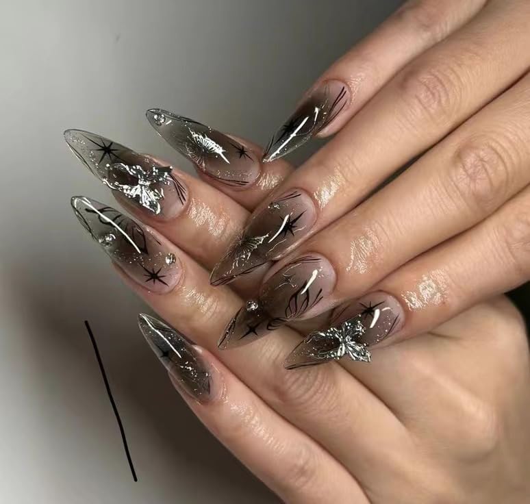 MouyouGlow Press on Nails Mittellang,Almond Sheer Schwarz 3D Schmetterling Star Print Y2K Fake Nails mit Nagelkleber,Gothic Künstliche Fingernägel