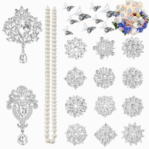 Kit de broches en strass et perles de cristal pour bouquet de mariage DIY