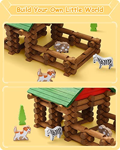 Image of SainSmart Jr. 110 PCS Wooden Log Cabin Set Building House Toy for Toddlers, Classic STEM Construction Kit with Colorful Wood Logs Blocks for 3+ Years Old