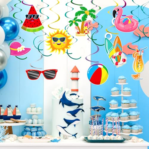 Image of 54 Pieces Pool Swirls Decorations Cute Summer Party Foil Swirls Garland Ceiling Wall Hanging Cutouts for Hawaiian Luau Pool Themed Party Baby Shower Birthday Party Decoration Supplies