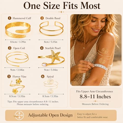 KOVLYNE 6 PCS Boho Gold Arm Cuff Jewelry for Women - Adjustable Minimalist Upper Arm Cuffs Bracelet Bangle Set for Beach Party Gifts by KOVLYNE - Used condition - Image 3