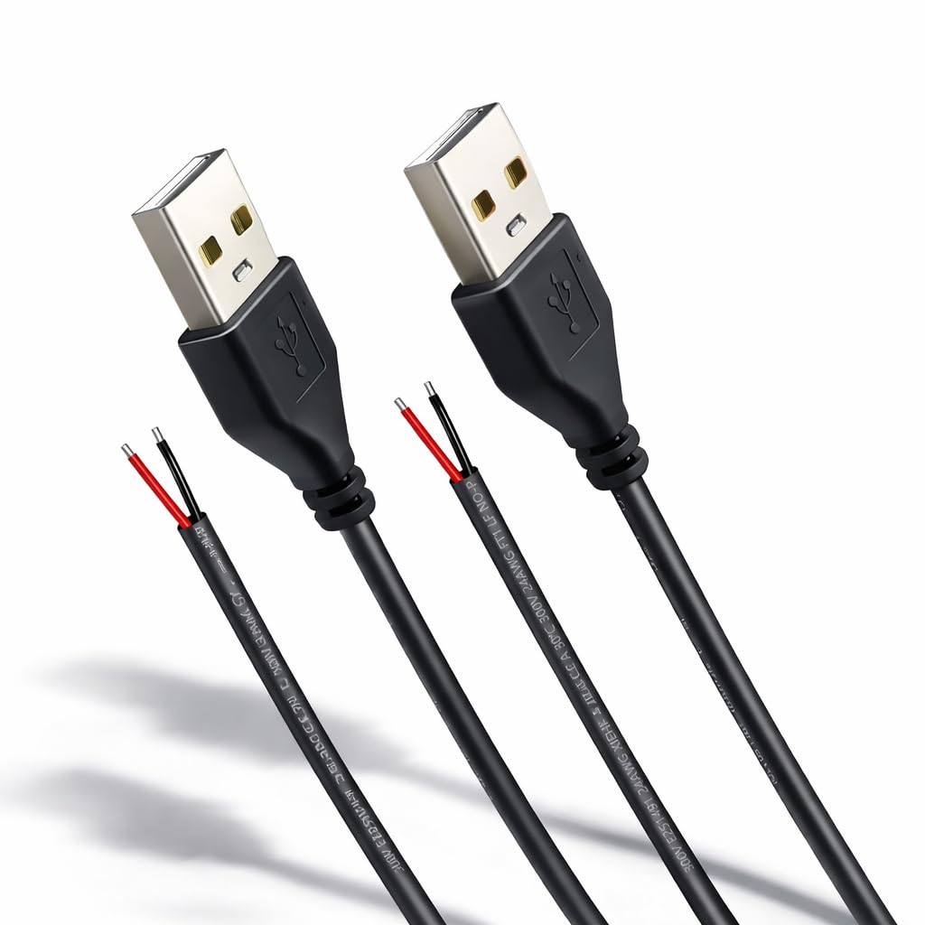 USB Pigtail Cable USB Power Cable Wire,1.64ft 24AWG 2A 5V,DIY Repair Kit,Bare Wire Open End,Pure Copper, Black,2-Pack