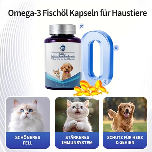 Pcpetclear Omega-3 Nahrungsergänzungen Lachsöl Hund Fischöl Kapseln für Hund & Katze: Glänzendes Fell, weniger Haaren, wertvolle Nährstoffe Leicht dosierbar Salmon Oil Dogs Cats