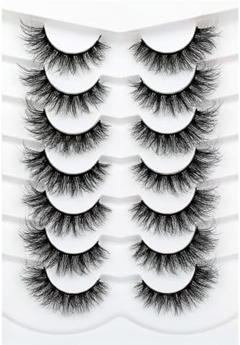 Pooplunch Cat Eye Lashes False Eyelashes Volume Thick Crossed 16MM Wispy Curly Fluttery Faux Mink Lashes 8D Fake Eyelash Strips 7 Pairs Pack
