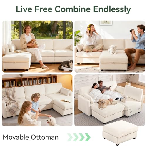 109'' Modular Sectional Sofa, L Shaped Couch with Storage Ottoman, Comfy Cloud Sofa with Deep Seat, 4 Seat Convertible Sectional Couches for Living Room (Beige, Low Legs 1.97") - Image 5