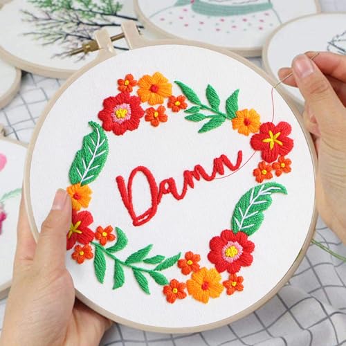 Image of Louise Maelys 3 Pack Flower Embroidery Kit for Beginners, Cross Stitch Kits for Adults, DIY Needlepoint Kits with Pre Printed Patterns, Hoop, Threads and Clear Instruction