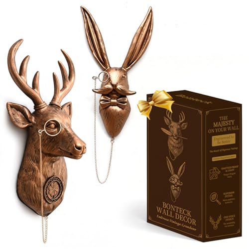 Bonteck Animal Head Wall Decor Animals Sculptures Gold Vintage Head Wall Art Hanging Decoration Home Decor Lightweight Statue for Living Room Bedroom Office 16 inchs Large (Deer+Rabbit)