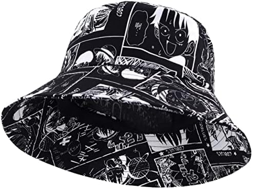 Roffatide Anime One Piece Bucket Hat Graffiti Luffy Fishing Bucket Hat Hip-hop Foldable Cotton Sun Hat for Boys Girls