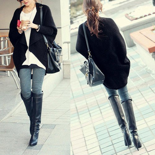 Women Batwing Cardigans Shawl Knit Coat Jacket Woolen Knitwear Sweater M1680  IGN (Black)