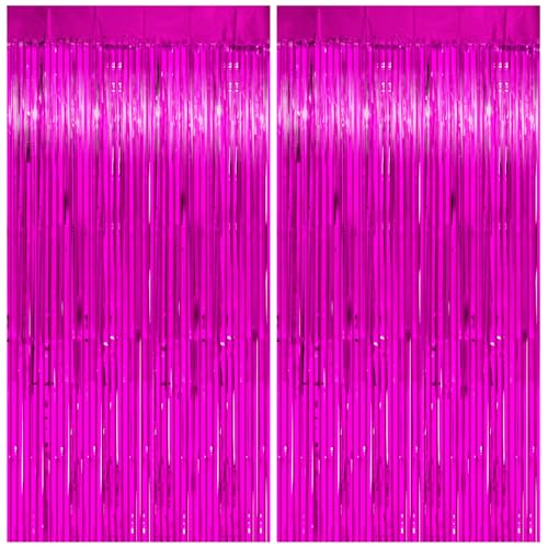 PatiCool Hawaiian Luau Tropical Party Decorations, Thicken Hot Pink Tinsel Backdrop Curtains Streamers 2 Pack 3.3x6.6 FT