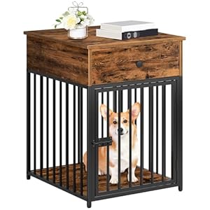 HOOBRO Dog Crate Furniture, Wooden Dog House, Decorative Dog Kennel with Drawer, Indoor Pet Crate End Table for Small Dog, Steel-Tube Puppy Cage, Chew-Proof, Rustic Brown and Black BF01GW03