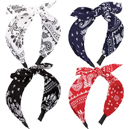 Foto von BETESSIN 4Stk. Haarreifen Breit Stirnband Paisley Damen Schleife Haarband Rockabilly Kopfband Vintage Haarschmuck Kopfbedeckung für Mädchen Frauen Rot Schwarz Weiß Dunkelblau