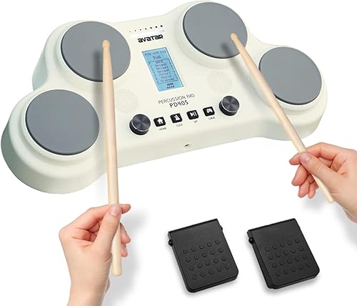 Miniatura 12 de PD405 Juego de batería eléctrica de mesa, con 163 sonidos de percusión, 4 almohadillas sensibles a la velocidad, 2 pedales y baquetas, regalo