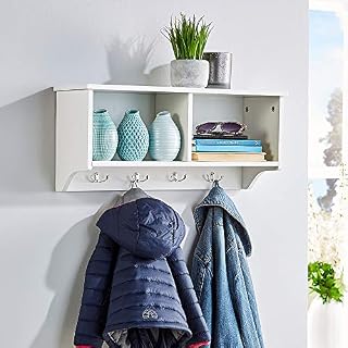 Home Source White Coat Hook Wall Mounted Hallway Unit 2 Open Shelves, Wooden, (W) 60cm (D) 20cm (H) 27cm