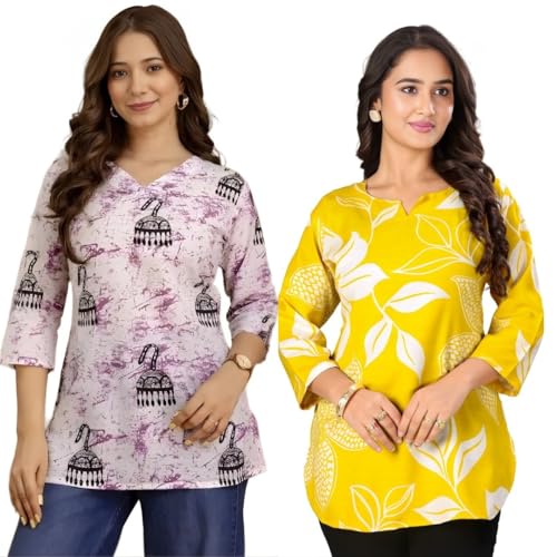 Image of Women's Cotton Printed Short Kurti, Round Neck, Three Quarter Sleeve, Straight Fit, Pack of 2