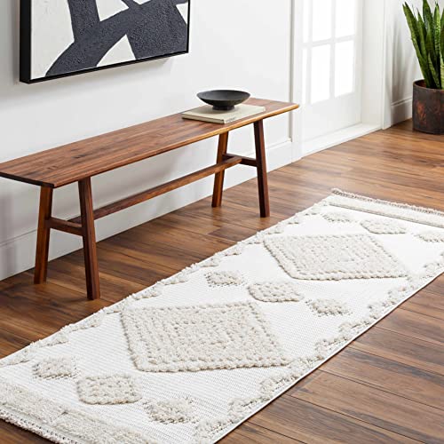 Hauteloom Thackeray Farmhouse Living Room Bedroom Modern Moroccan Medallion Runner Rug - Soft Shaggy High Low Carpet - High Pile - Bohemian, Boho - White, Beige, Cream - 2'7" x 7'3"