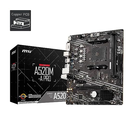 MSI A520M-A PRO Motherboard mATX - Supports AMD Ryzen 3rd Gen Processors, AM4, DDR4 Boost (4600MHz/OC), 1 x PCIe 3.0 x1, 1 x M.2 Gen3 x4, Gigabit LAN