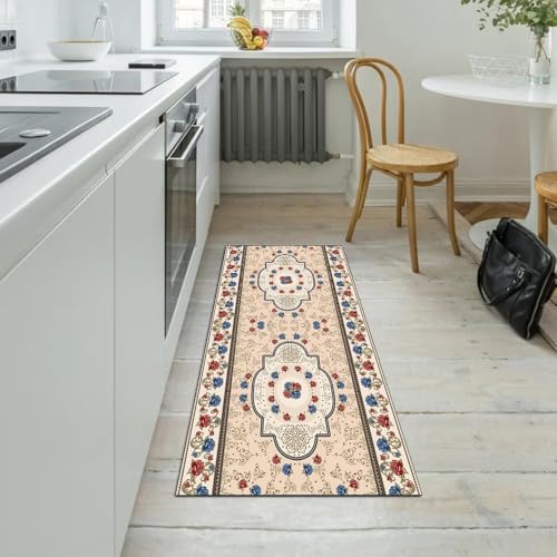 Alfombra de pasillo beis de 50x220 cm con base antideslizante lavable 5