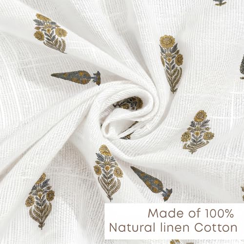 Image of LINENWALAS Decorative Cotton Linen Sheer Curtains 7 Feet for Door -Block Printed Door Curtain | Grommet Hanging Style Pack of 2 Panels |Light Filtering Sheer Drapes (Golden Meadow)