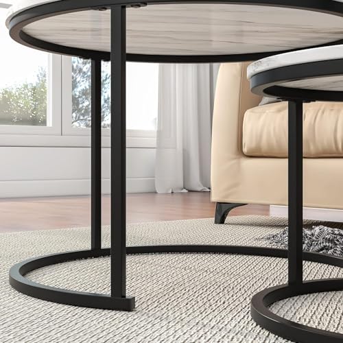 Round Nesting Coffee Table Set of 2 End Tables for Living Room, Faux Marble Coffee Table Wooden Accent Furniture with Metal Frame, Center Table for Home Office, Easy Assembly
