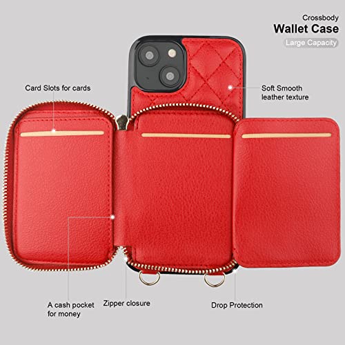 Bocasal Crossbody Wallet Case for iPhone 14, RFID Blocking PU Leather Zipper Handbag Purse Flip Cover, Kickstand Folio Case with Card Slots Holder Wrist Strap Lanyard 5G 6.1 Inch (Red) by Bocasal - Image 7