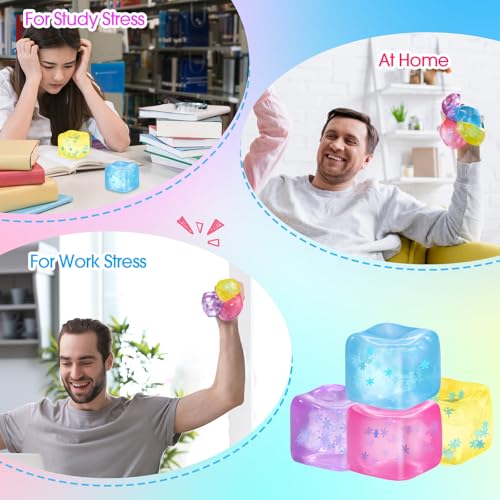 Image of Gemscream Stress Cube Bulk Slow Rising Ice Cube Stress Ball Sensory Squeeze Cubes Halloween Goodie Bag Stuffing for Adult Birthday Gift Anxiety Relief Party Favors(24 Pcs,Yellow, Pink, Purple, Blue)