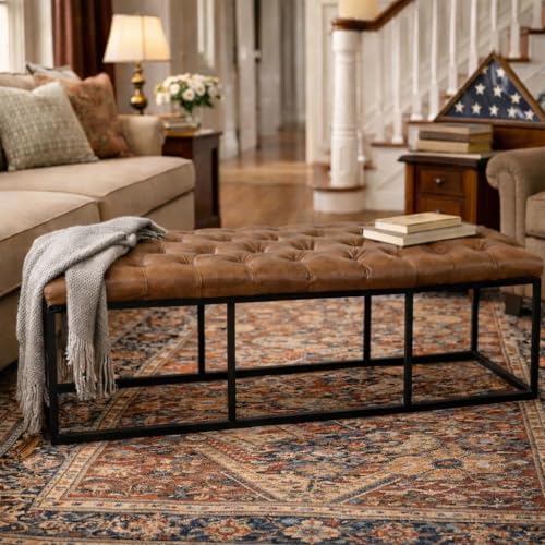Image of HomePop 52 inch Button Tufted Decorative Bench with Metal Base - Brown Faux Leather