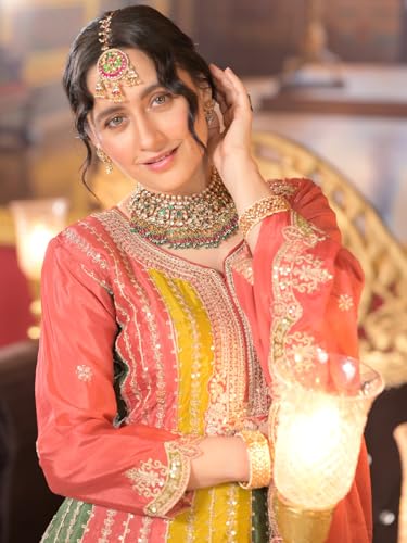 Image of INDA ERA Women's Multi Silk Blend Embroidered A-Line Kurta & Palazzo with Dupatta Set (KH9ML6654)