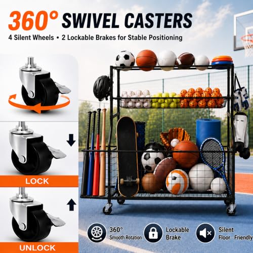 DuraMax Sports Storage Rack for Garage with Wheels, Ball Storage Rack and Sports Equipment Storage Rack, Garage Sports Organizer with Mesh Bin, Basket, Hooks and Bat Rack by DuraMax - Used condition - Image 4